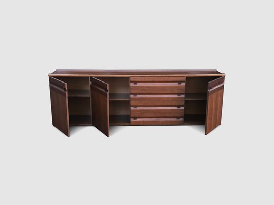 Sculpted Walnut and Leather Credenza from Gavina, Italy, 1970s-PDW-1397012