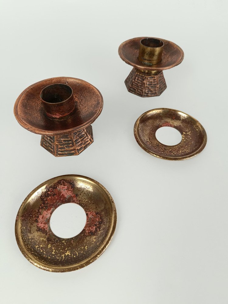 Sculptural and Brutalist Candlesticks in Brass and Copper, 1970s, Set of 2