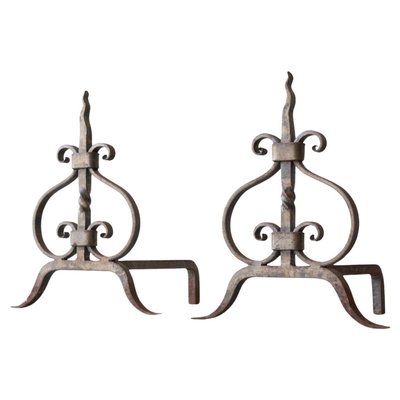 Sculptural Andirons or Fire Dogs in Wrought Iron, Early 20th Century, Set of 2-FEW-2024222