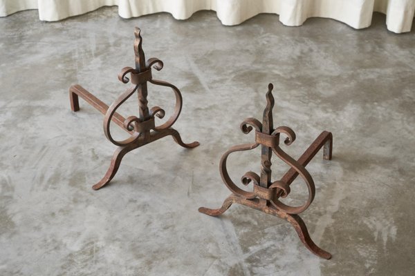 Sculptural Andirons or Fire Dogs in Wrought Iron, Early 20th Century, Set of 2-FEW-2024222