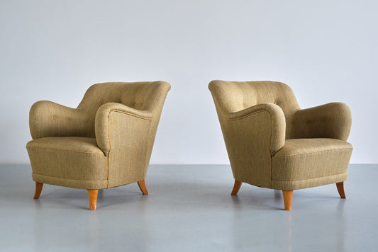 Sculptural Armchairs in Beech and Wool by Gustav Axel Berg, Sweden, 1940s, Set of 2