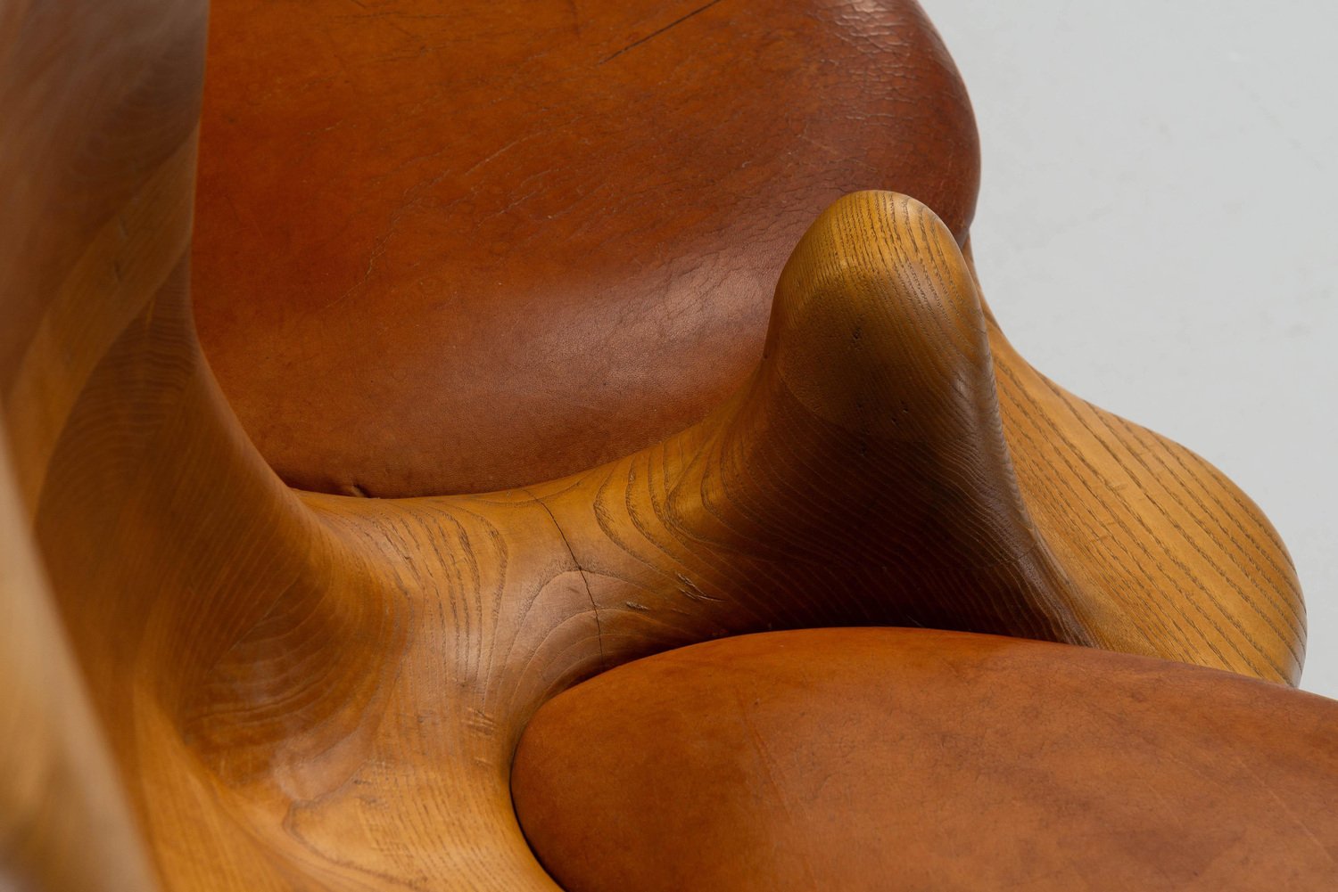 Sculptural Bench in Ash and Leather, Netherlands, 1970s