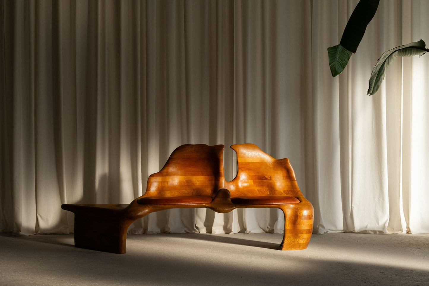 Sculptural Bench in Ash and Leather, Netherlands, 1970s