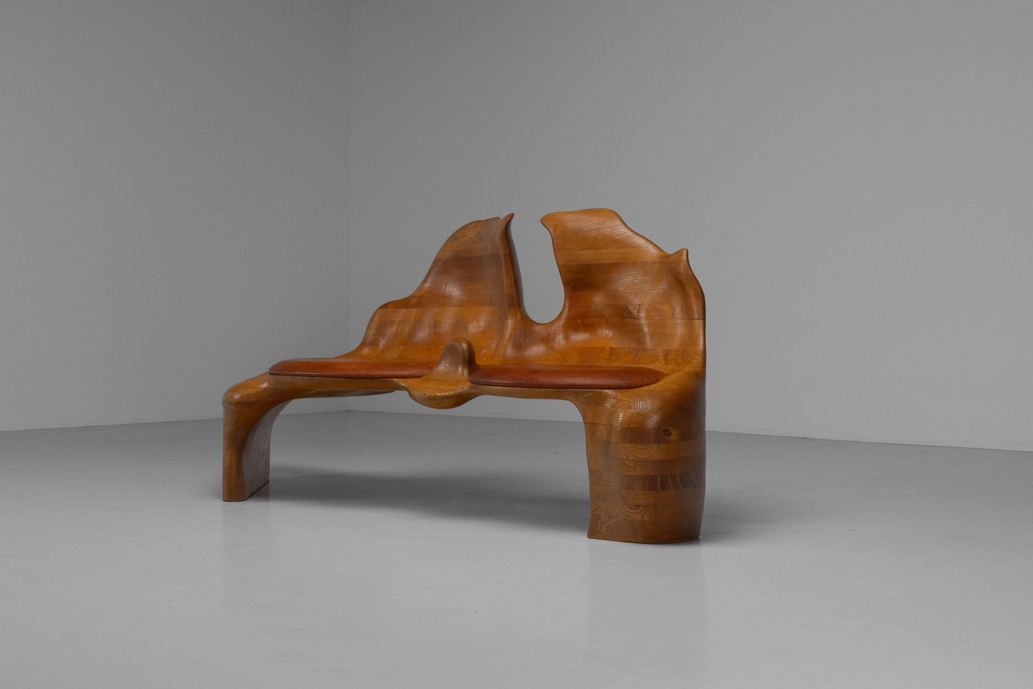 Sculptural Bench in Ash and Leather, Netherlands, 1970s