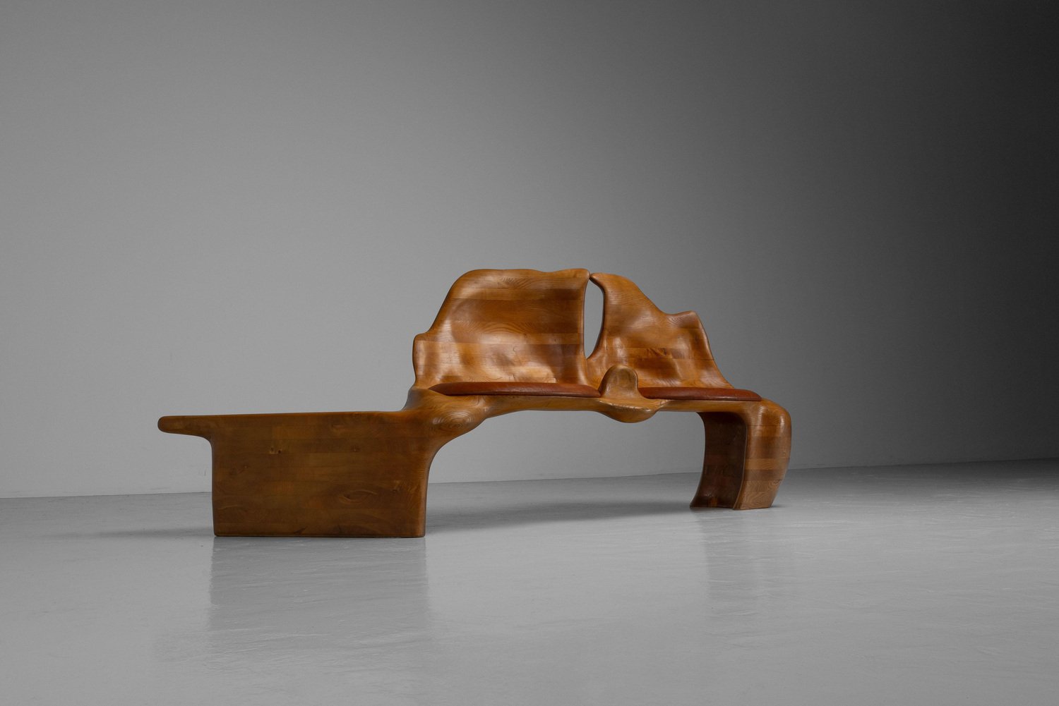 Sculptural Bench in Ash and Leather, Netherlands, 1970s