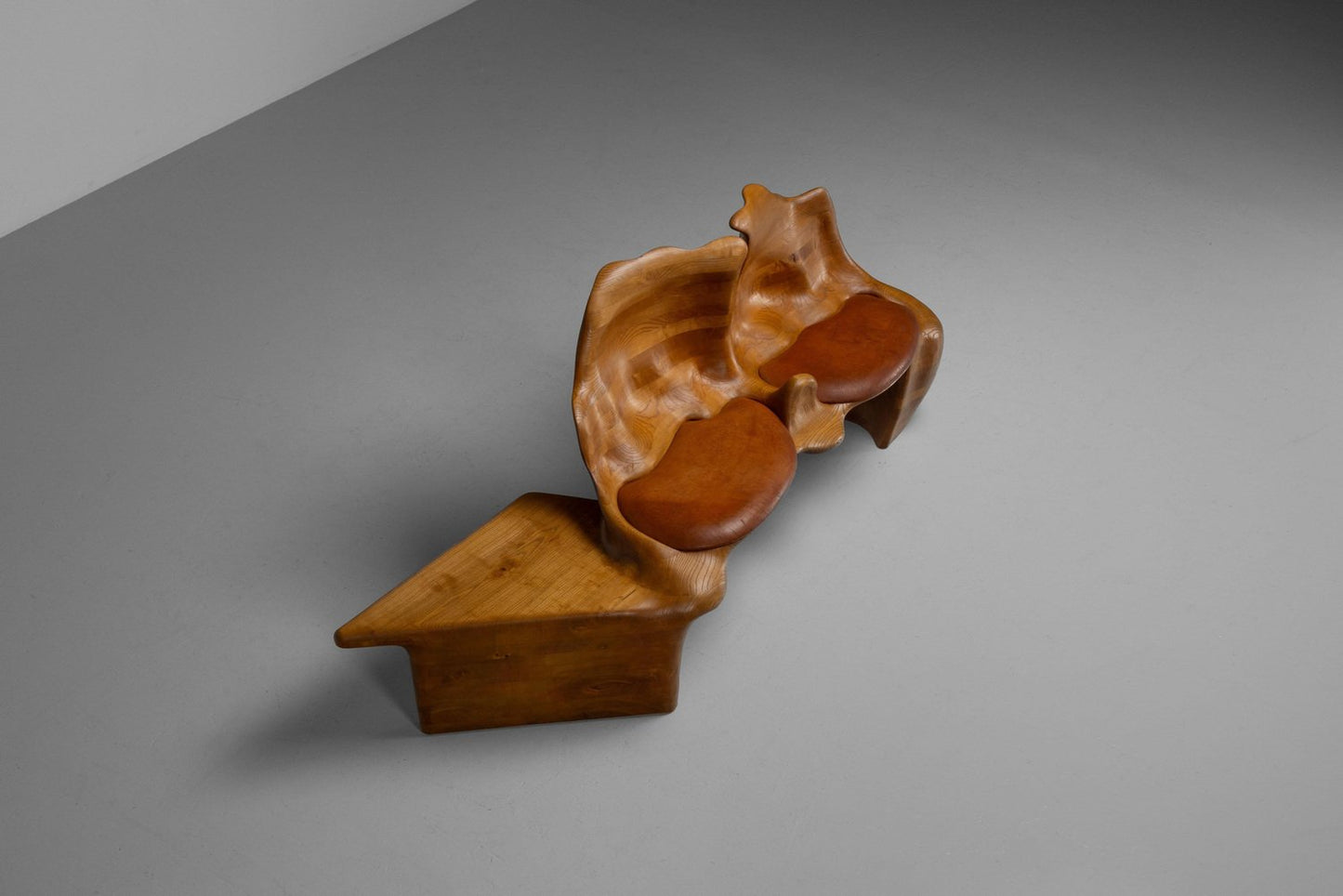 Sculptural Bench in Ash and Leather, Netherlands, 1970s