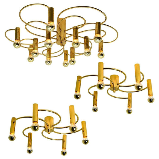 Sculptural Brass 16-Light Flush Mount, 1970s