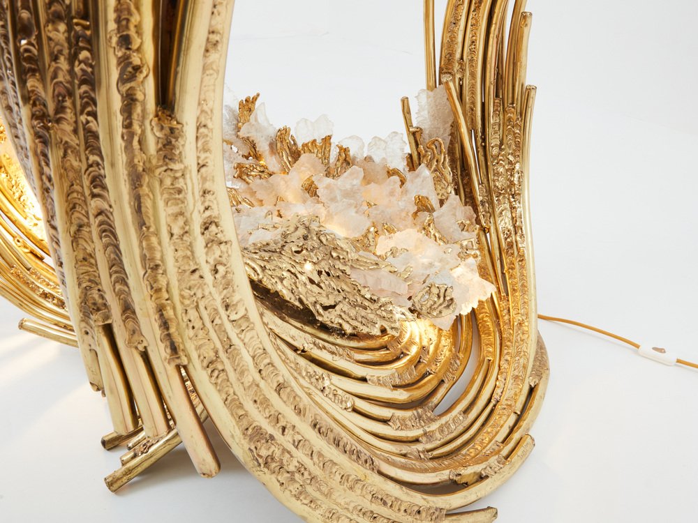 Sculptural Brass Dining Table with Crystal Top by Isabelle Faure, 1970s