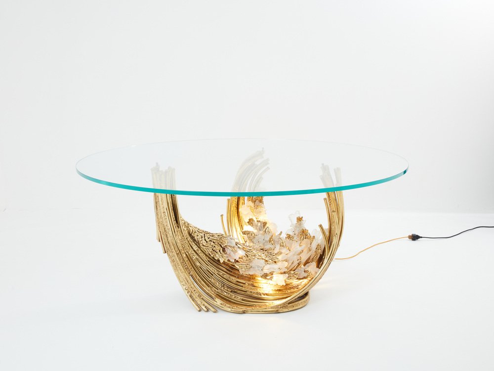 Sculptural Brass Dining Table with Crystal Top by Isabelle Faure, 1970s