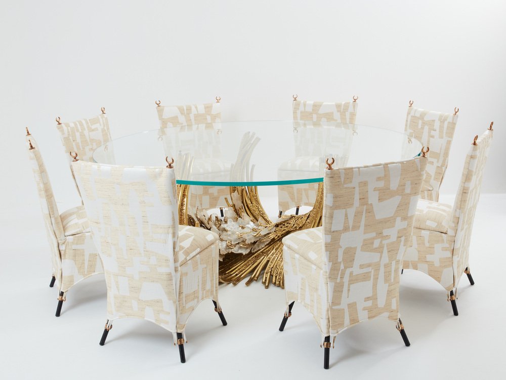 Sculptural Brass Dining Table with Crystal Top by Isabelle Faure, 1970s