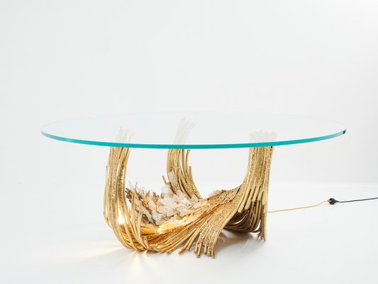 Sculptural Brass Dining Table with Crystal Top by Isabelle Faure, 1970s-YJA-1816740