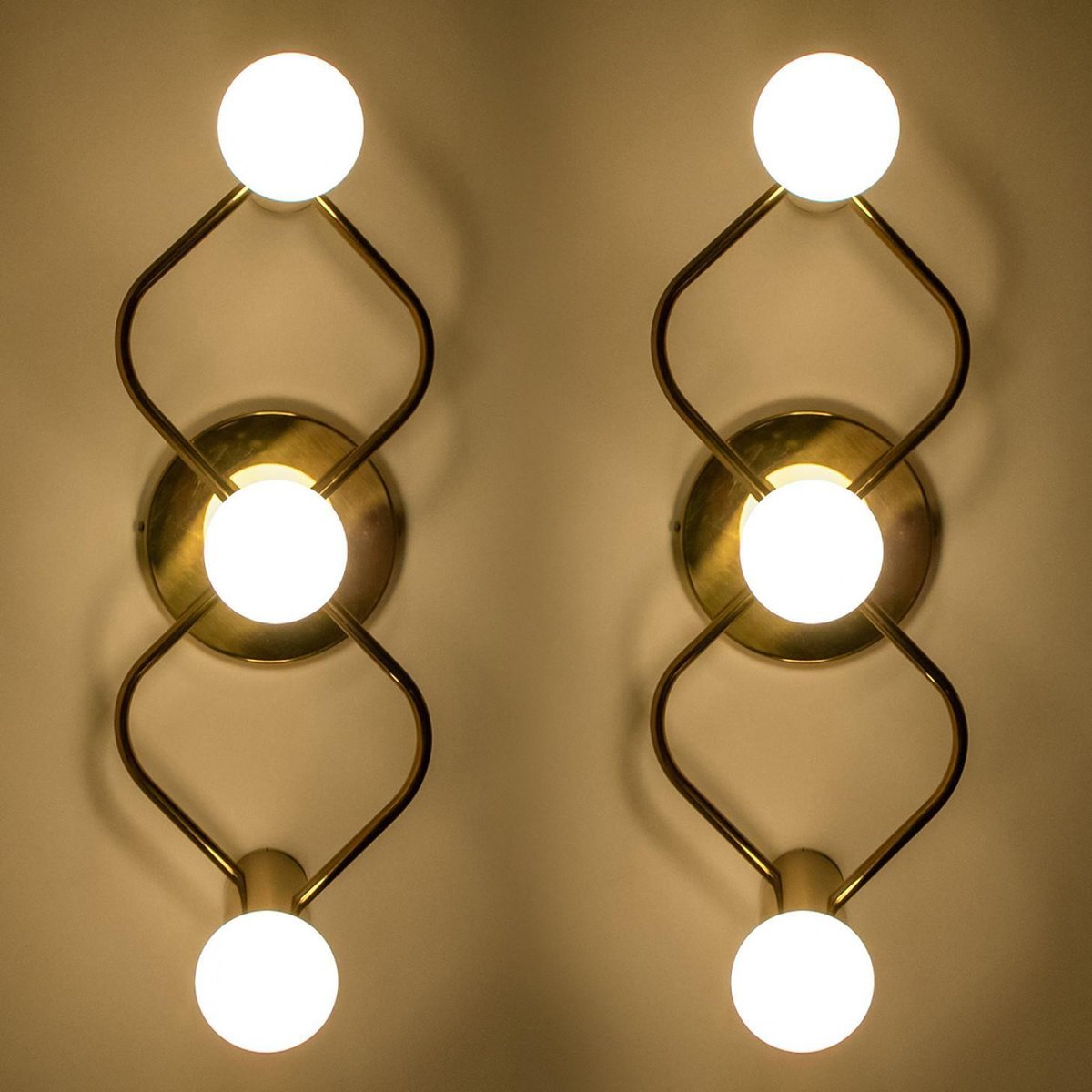 Sculptural Brass Wall Lights or Flush Mounts attributed to Leola, 1970s, Set of 2