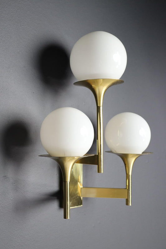 Sculptural Brass Wall Sconces with Opaline Glass Shades by Gaetano Sciolari, 1970s, Set of 2