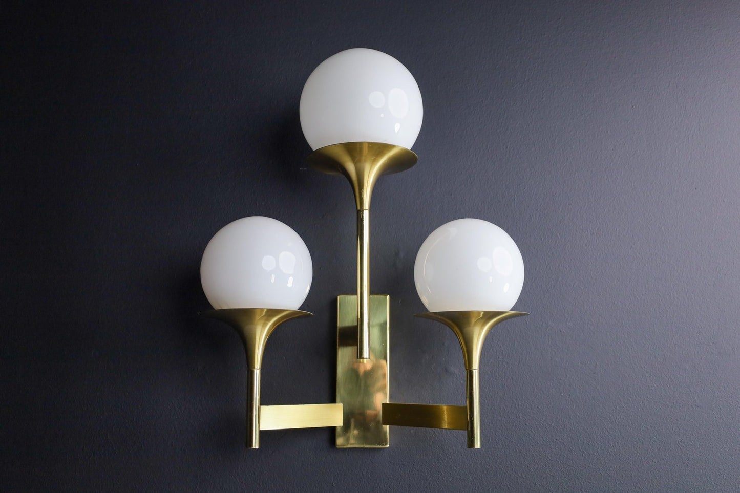 Sculptural Brass Wall Sconces with Opaline Glass Shades by Gaetano Sciolari, 1970s, Set of 2