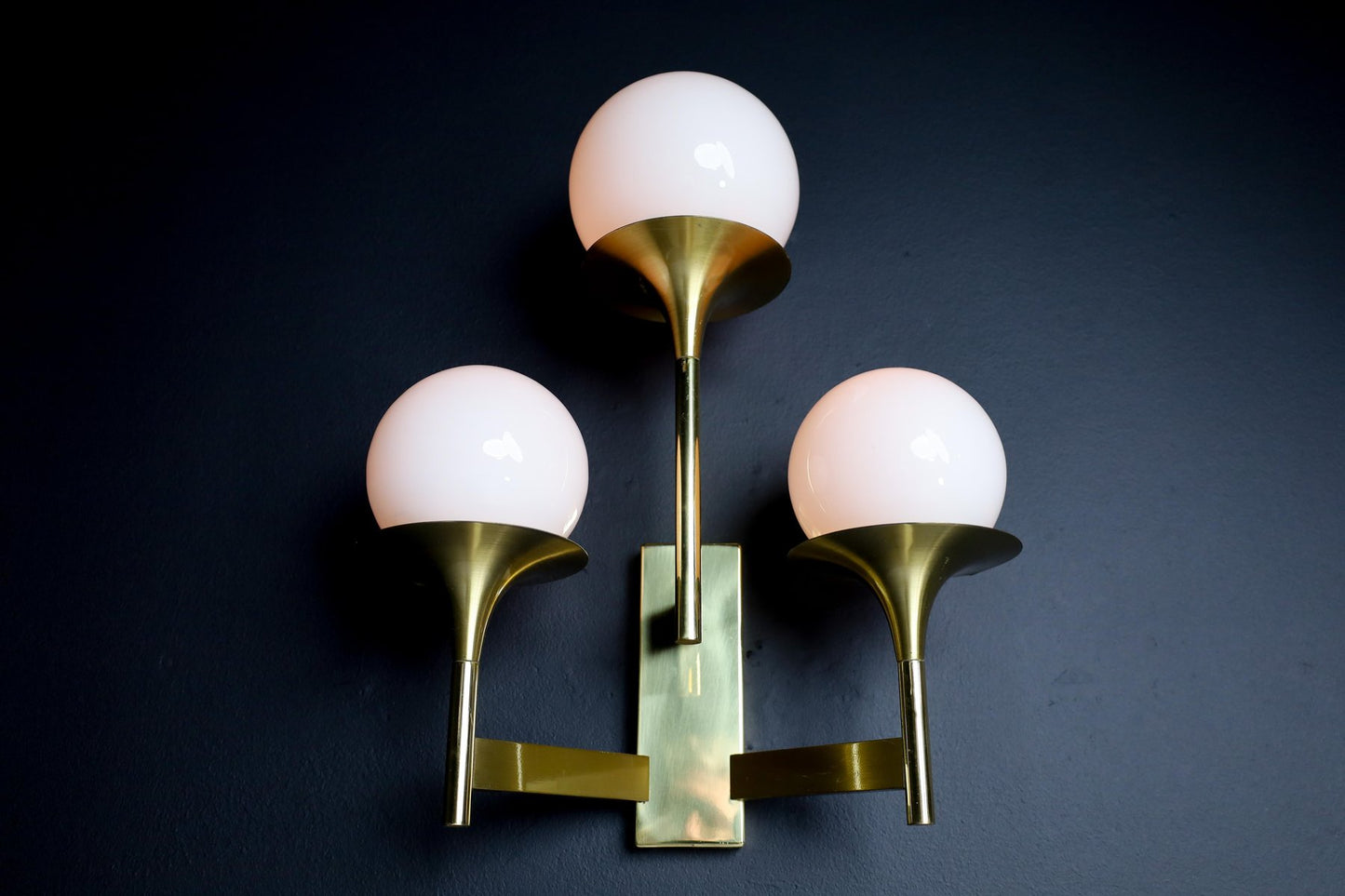 Sculptural Brass Wall Sconces with Opaline Glass Shades by Gaetano Sciolari, 1970s, Set of 2