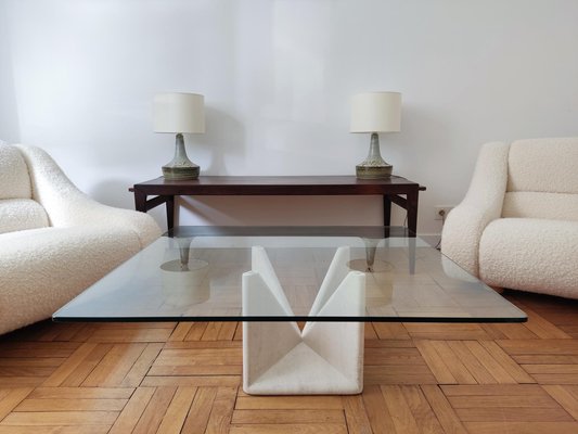 Sculptural Coffee Table in Travertine and Glass by Claude Berraldacci-ILR-1700224