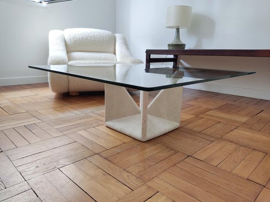 Sculptural Coffee Table in Travertine and Glass by Claude Berraldacci-ILR-1700224