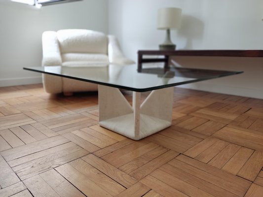 Sculptural Coffee Table in Travertine and Glass by Claude Berraldacci-ILR-1700224