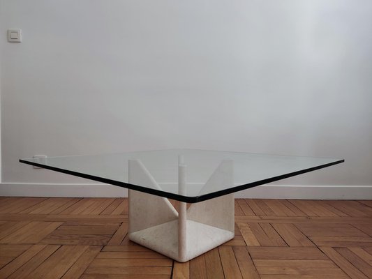 Sculptural Coffee Table in Travertine and Glass by Claude Berraldacci-ILR-1700224