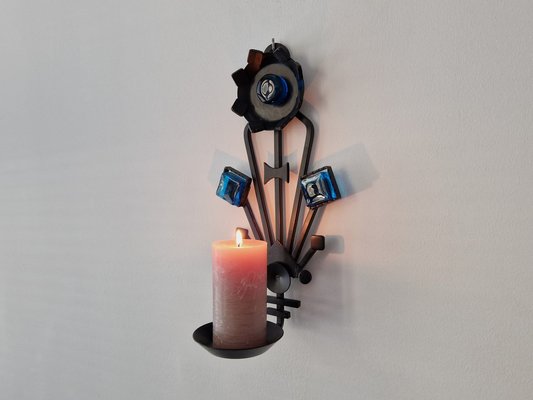 Sculptural Iron and Blue Glass Candle Sconce from Dantoft, 1960s-NV-1765249