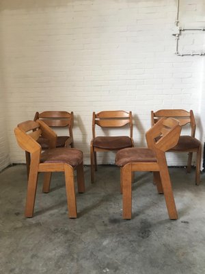 Sculptural Oak and Leather Dining Chairs. France, 1960s, Set of 5-DVX-2020610