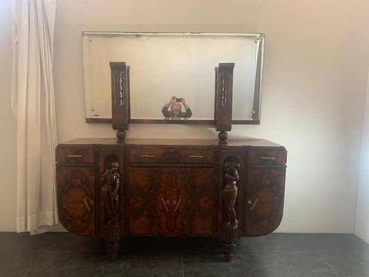 Sculptural Walnut Sideboard and Mirror, 1920s-IJR-867710