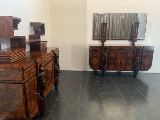 Sculptural Walnut Sideboard and Mirror, 1920s-IJR-867710