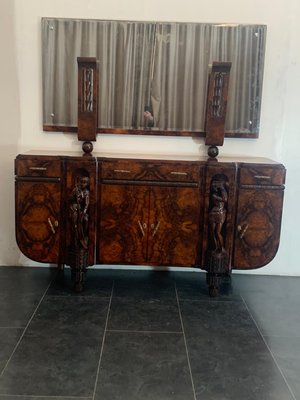 Sculptural Walnut Sideboard and Mirror, 1920s-IJR-867710