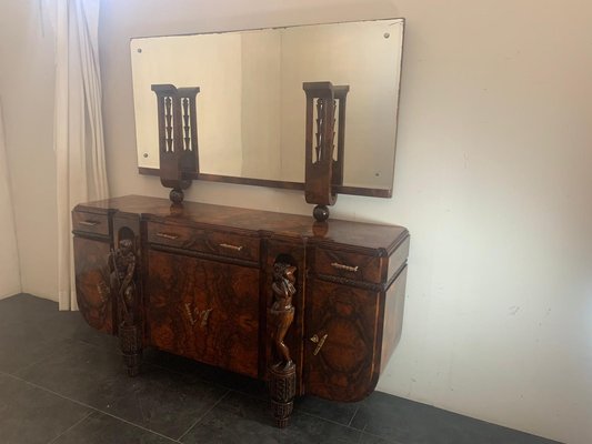 Sculptural Walnut Sideboard and Mirror, 1920s-IJR-867710