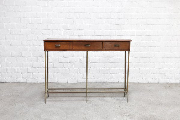 Sculptural Wood & Brass Console Table in the Style of Osvaldo Borsani, Italy, 1950s-WUY-1233366