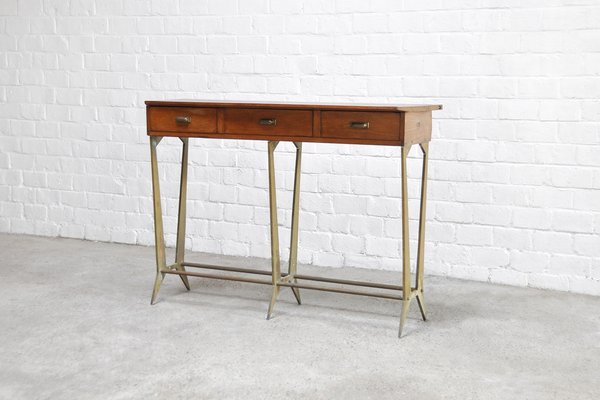 Sculptural Wood & Brass Console Table in the Style of Osvaldo Borsani, Italy, 1950s-WUY-1233366