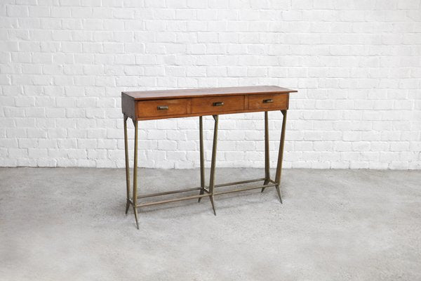 Sculptural Wood & Brass Console Table in the Style of Osvaldo Borsani, Italy, 1950s-WUY-1233366