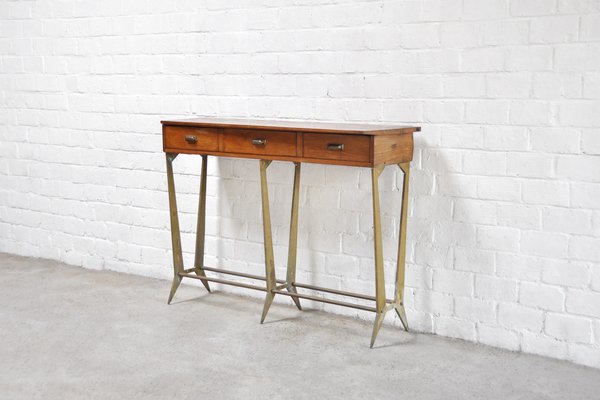 Sculptural Wood & Brass Console Table in the Style of Osvaldo Borsani, Italy, 1950s-WUY-1233366