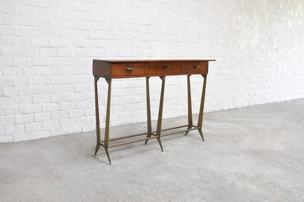 Sculptural Wood & Brass Console Table in the Style of Osvaldo Borsani, Italy, 1950s-WUY-1233366