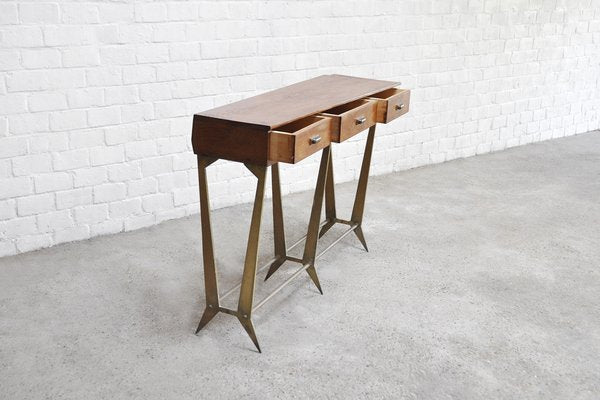 Sculptural Wood & Brass Console Table in the Style of Osvaldo Borsani, Italy, 1950s-WUY-1233366