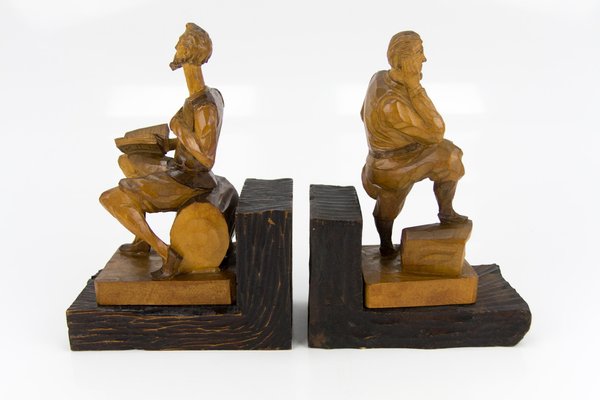 Sculpture Bookends in Hand-Carved Wood of Don Quixote and Sancho Panza, Set of 2-KEG-1086560