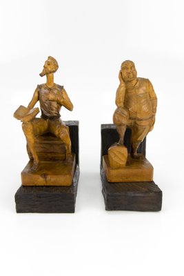 Sculpture Bookends in Hand-Carved Wood of Don Quixote and Sancho Panza, Set of 2-KEG-1086560