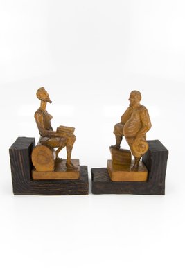 Sculpture Bookends in Hand-Carved Wood of Don Quixote and Sancho Panza, Set of 2-KEG-1086560