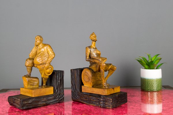 Sculpture Bookends in Hand-Carved Wood of Don Quixote and Sancho Panza, Set of 2-KEG-1086560