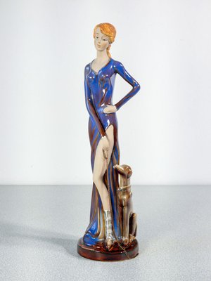 Sculpture of Woman with Dog in Glazed Ceramic-OJE-2024311