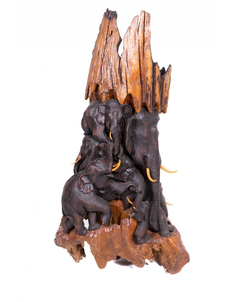 Sculpture on Acacia Wood Trunk Representing a Family of Elephants, Indonesia