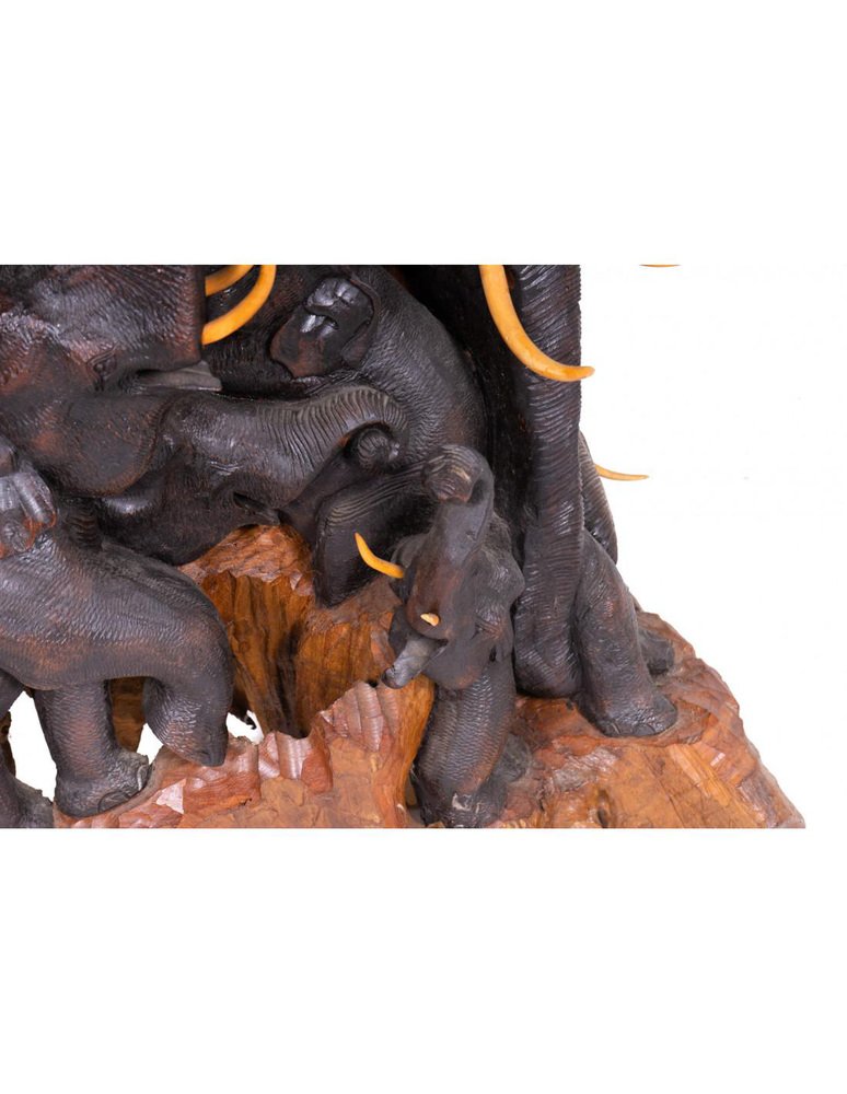 Sculpture on Acacia Wood Trunk Representing a Family of Elephants, Indonesia