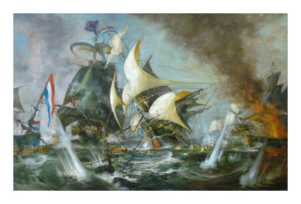 Sea Battle, English School, Italy, Oil on Canvas, Framed-YUW-1305255