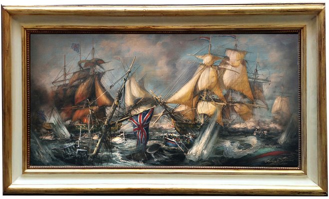 Sea Battle, English School Painting, Oil on Canvas, Framed-YUW-1305248