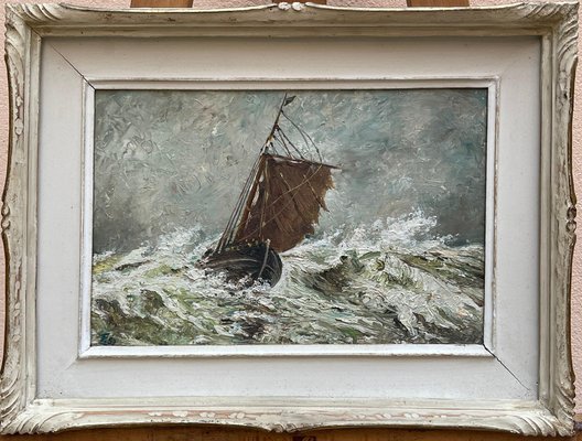 Seascape with Boat in a Storm, Oil Painting on Panel, Framed-PKM-1717576