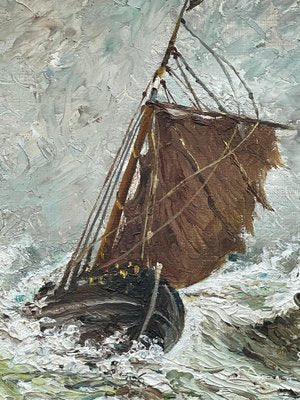 Seascape with Boat in a Storm, Oil Painting on Panel, Framed-PKM-1717576