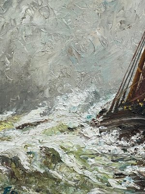 Seascape with Boat in a Storm, Oil Painting on Panel, Framed-PKM-1717576