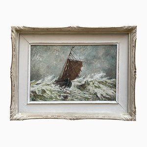 Seascape with Boat in a Storm, Oil Painting on Panel, Framed-PKM-1717576