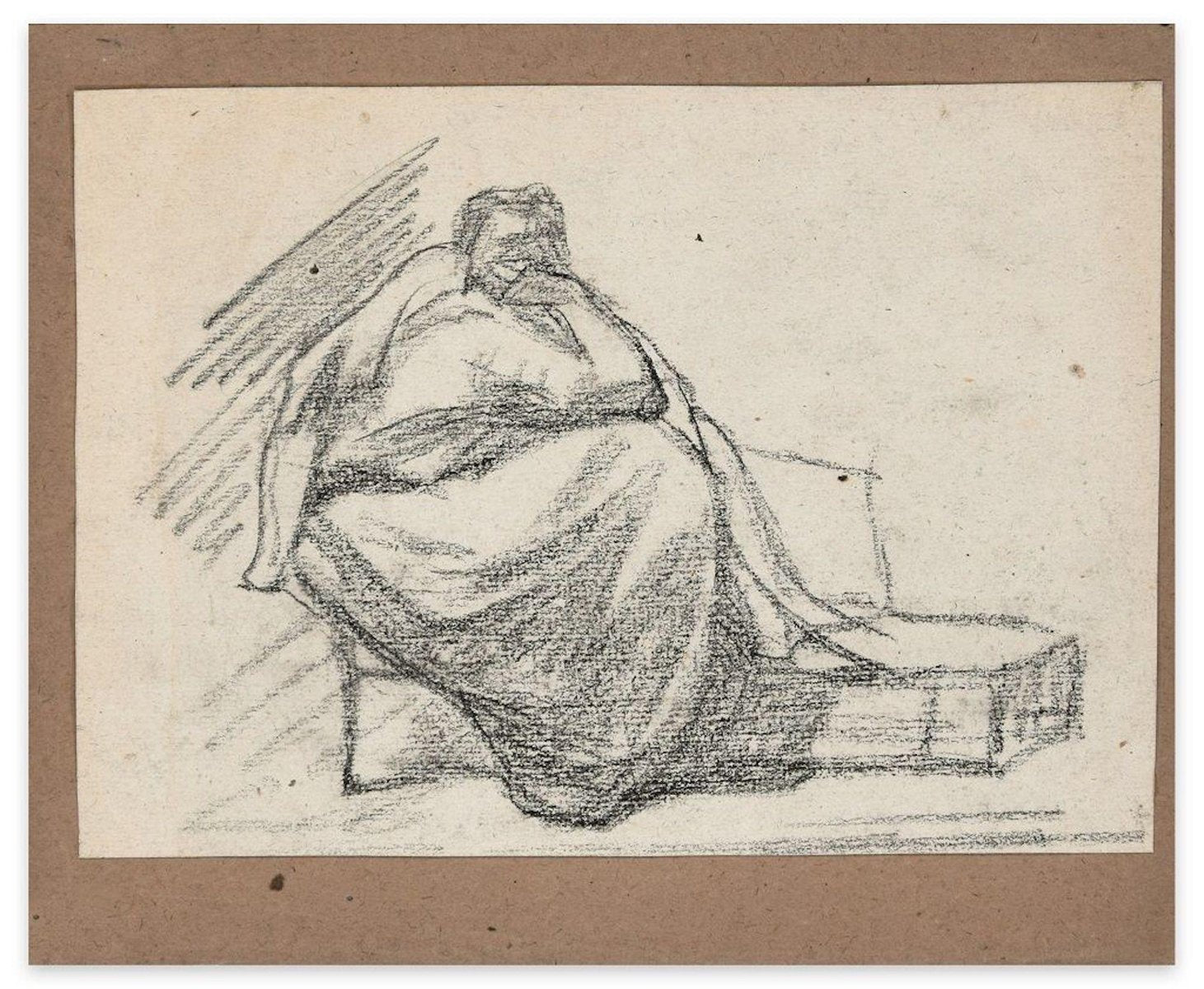 Seated Figure - Original Charcoal Drawing by Aimé Millet - Mid 19th Century Mid 19th Century