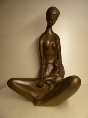 Seated Mother with Child, 1970s, Bronze-AWL-1175265